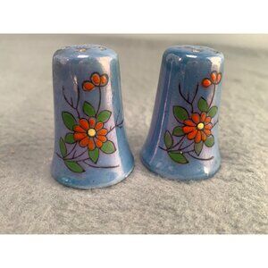 Vintage Japanese Iridescent Blue Salt & Pepper Shakers Floral Design 1950s